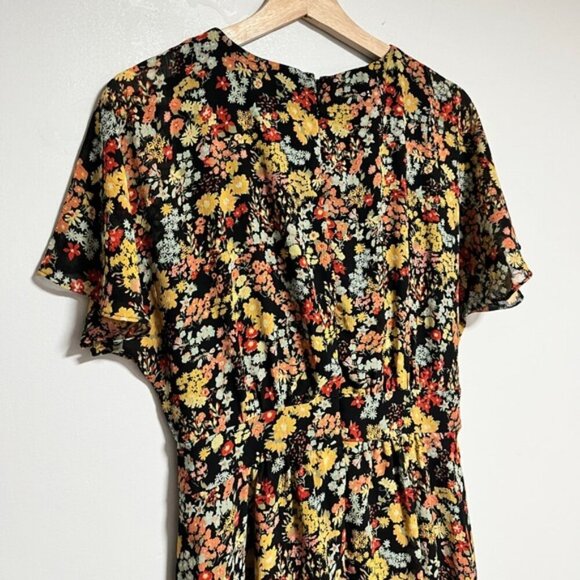 Madewell Floral Midi Dress – Size 4, V-Neck Flutter Sleeve Black Multi-Color - Picture 9 of 11